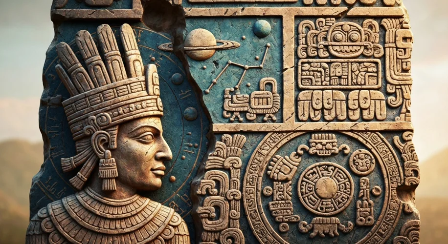 A vibrant Maya hieroglyphic inscription carved into a stone stela, with glyphs depicting a king and 