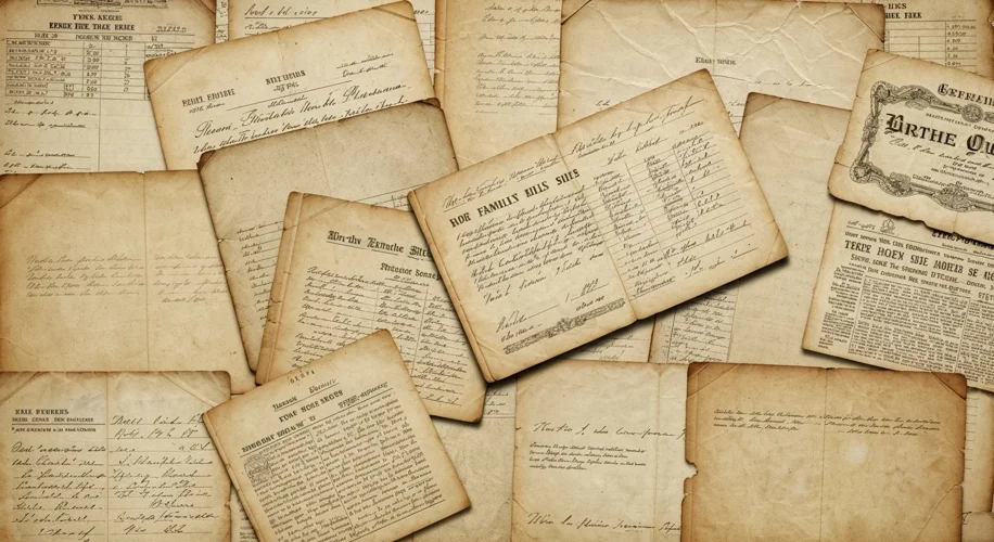 A collage of vintage documents: birth certificates, old family Bibles with handwritten entries, fade