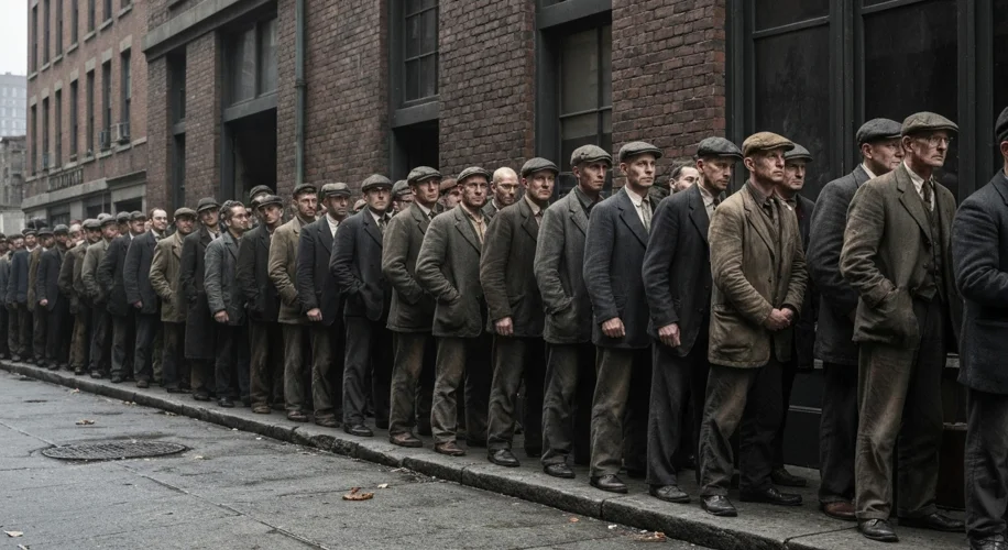 A long queue of unemployed men waiting for bread at a soup kitchen in New York City during the Great