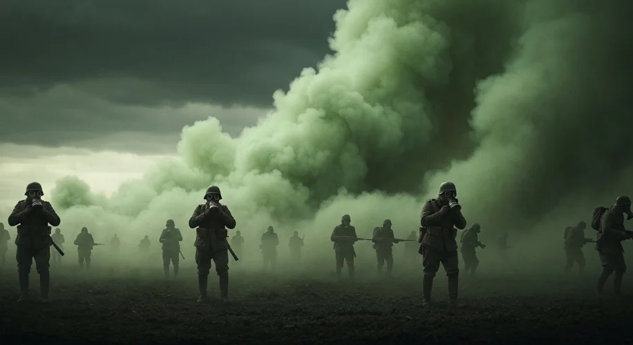 A desolate WWI trench landscape under a sickly green gas cloud, with silhouettes of soldiers struggl