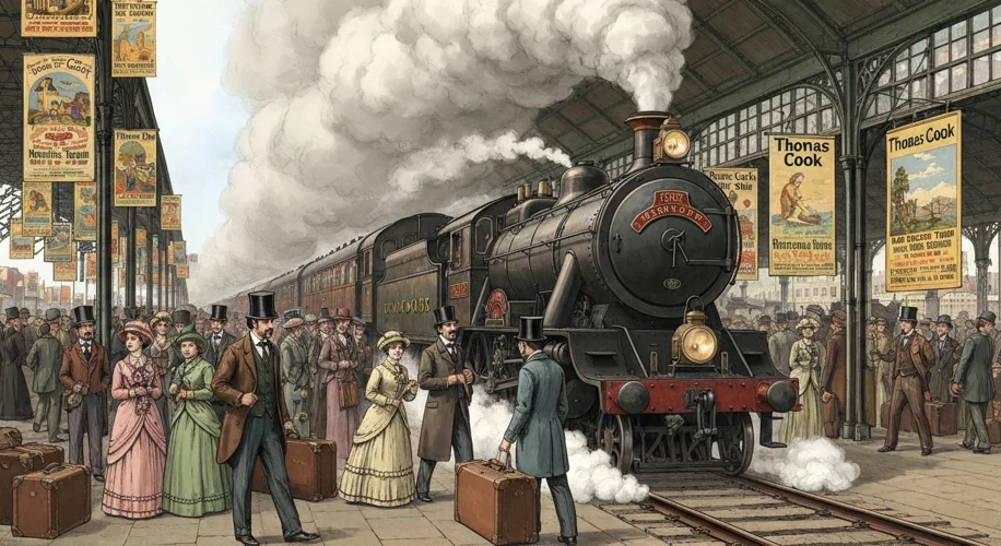 A bustling Victorian-era train station with steam billowing from a locomotive, passengers with lugga