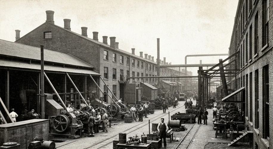 A historical photograph of Robert Gair's paper factory in Brooklyn, New York.