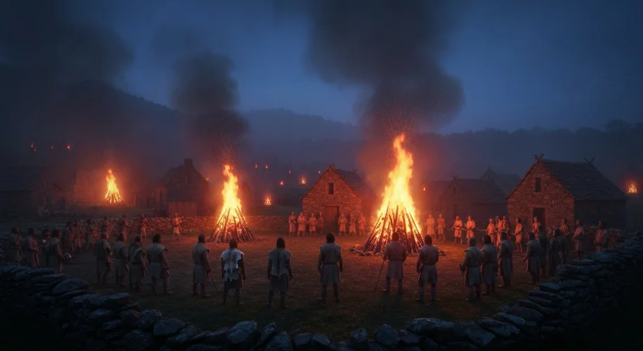 An ancient Celtic village at night, with bonfires burning and figures in rustic costumes gathered, s