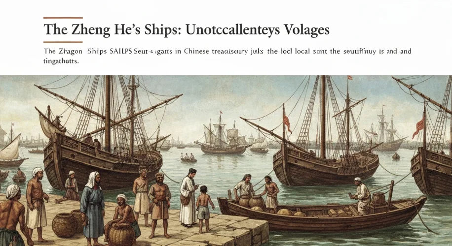 A bustling port scene in 15th century Southeast Asia, with Chinese treasure junks docked alongside s