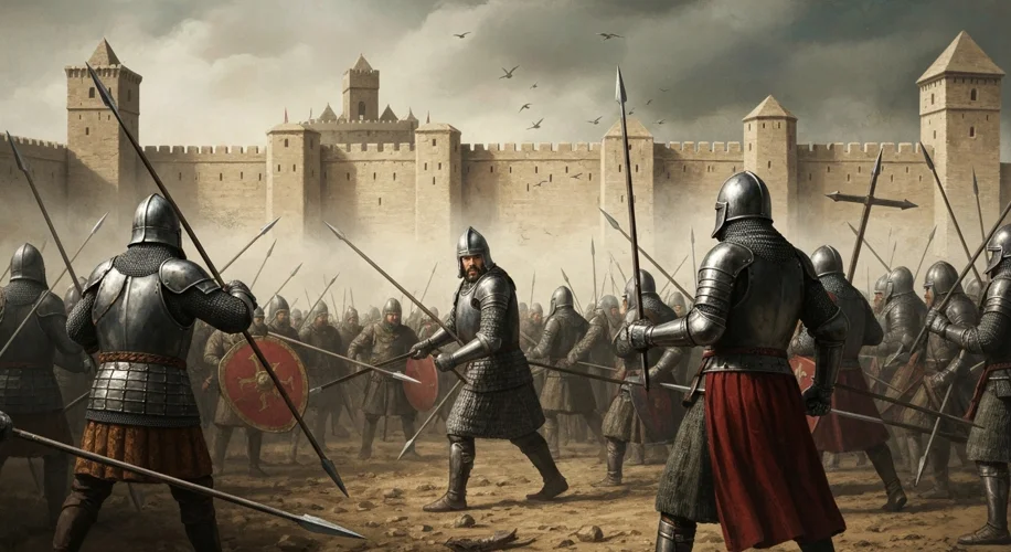 A dramatic scene of the Third Crusade, showing Richard the Lionheart in armor leading his knights in