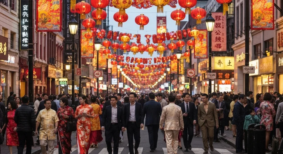 A vibrant, colorful photograph of a Chinese American family celebrating Lunar New Year in modern-day