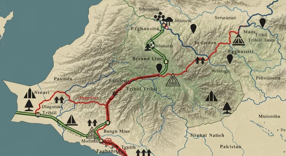 A map highlighting the Durand Line, showing its path through Afghanistan and Pakistan, with tribal a