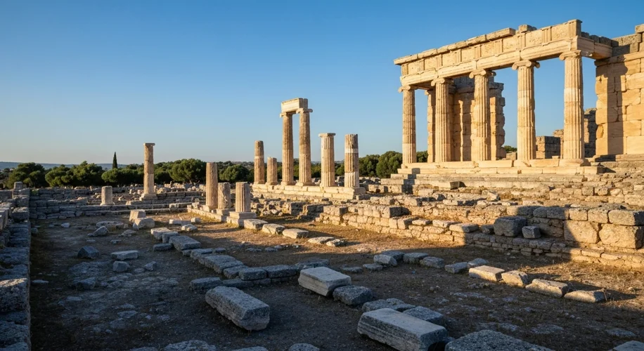 A wide shot of the ruins of Delphi, Greece, showcasing the ancient temple, theater, and stadium set 