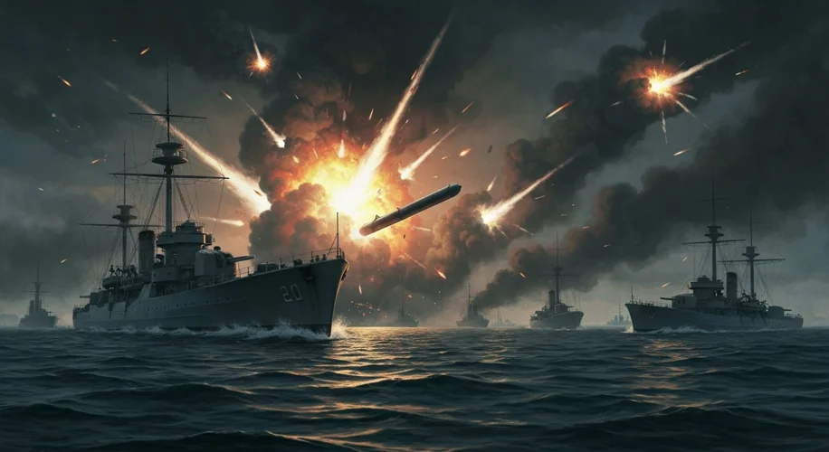 A dramatic depiction of the surprise Japanese naval attack on Russian warships at Port Arthur in 190