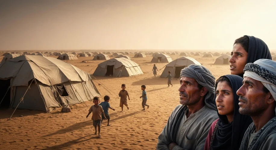 A group of Sahrawi refugees in a desert camp, with tents, children playing, and adults looking towar