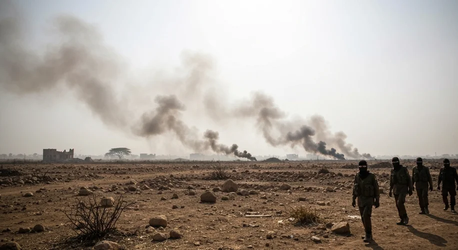 A dusty, desolate landscape in northeastern Nigeria with armed Boko Haram fighters in the foreground