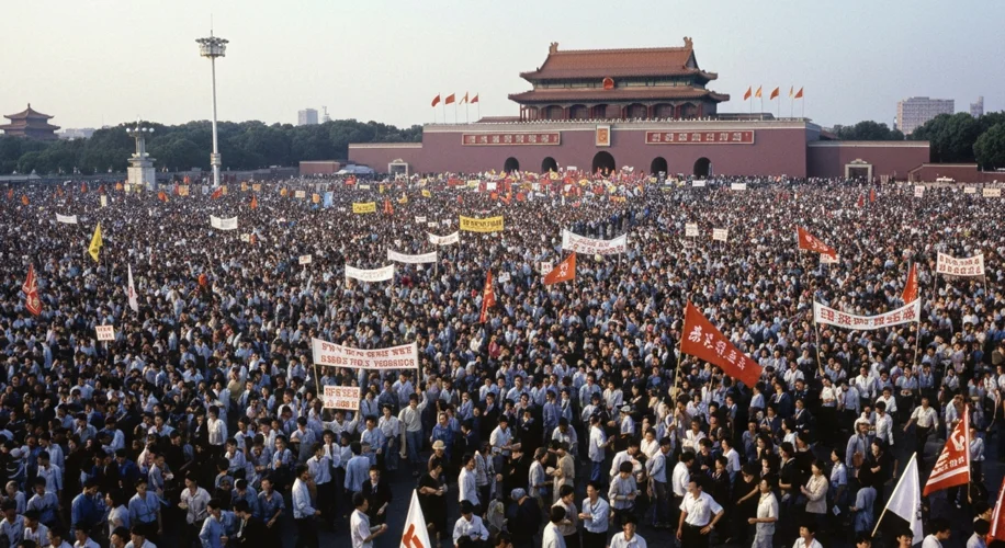 A wide shot of Tiananmen Square in Beijing, China, filled with thousands of student protestors holdi