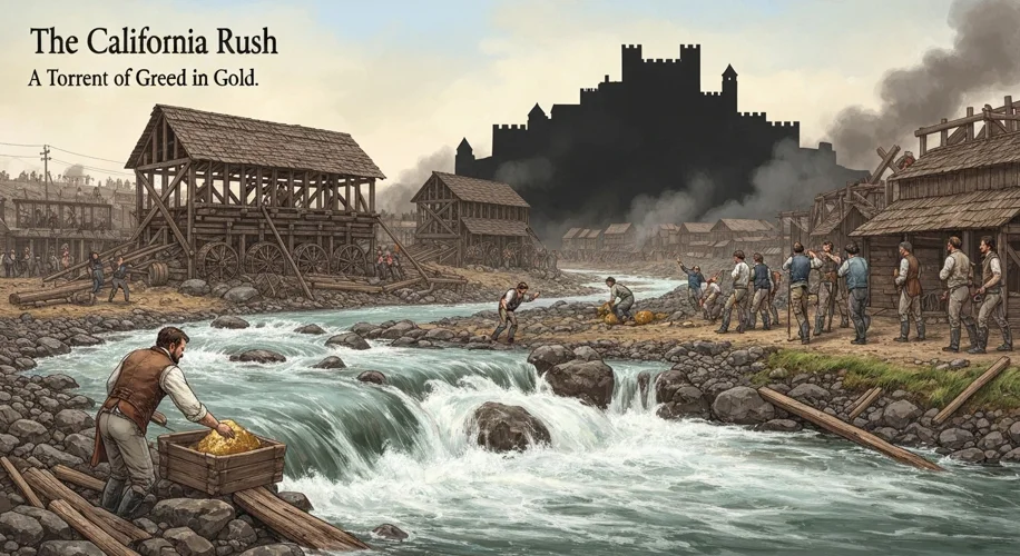 An illustration depicting James W. Marshall discovering a gold nugget in a riverbed, with a sawmill