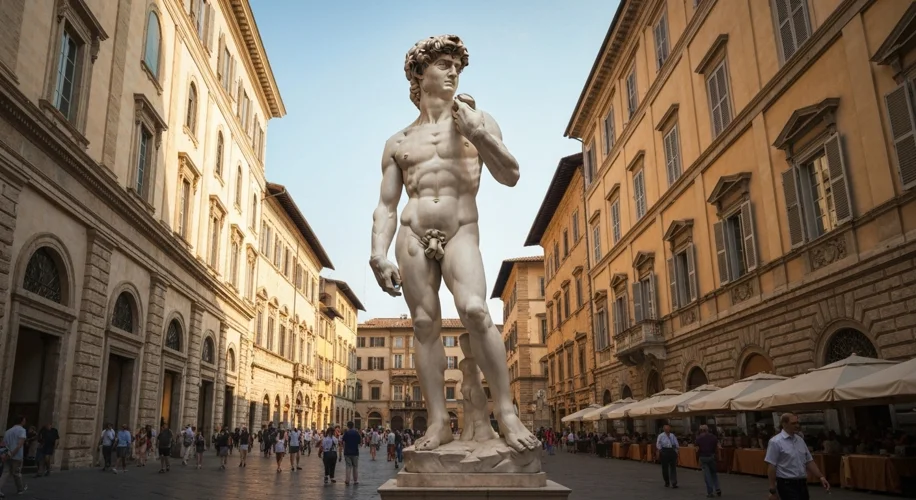 Michelangelo's David, standing proud and powerful in a sunlit Italian piazza.