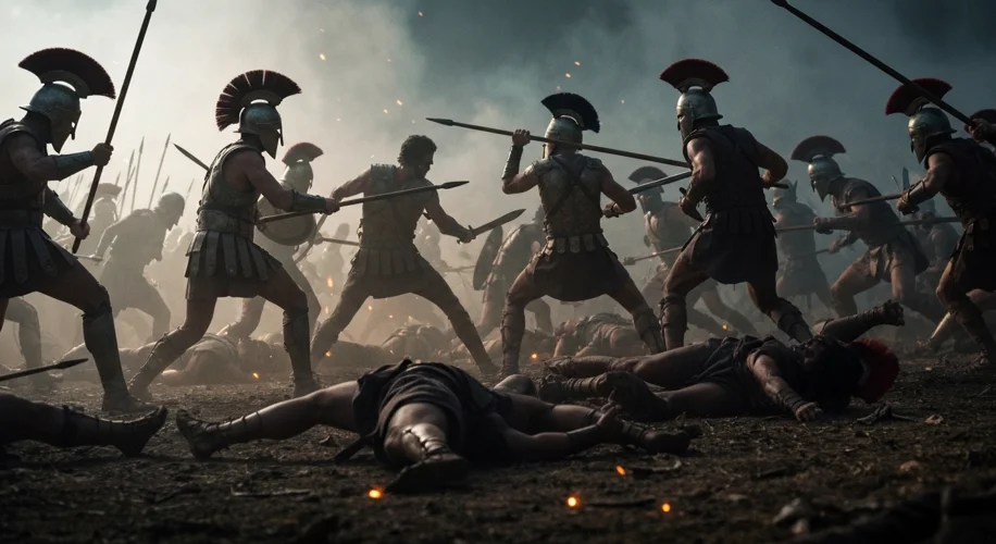 A somber scene after the Battle of Thermopylae. The bodies of fallen Spartan warriors lie on a hillt