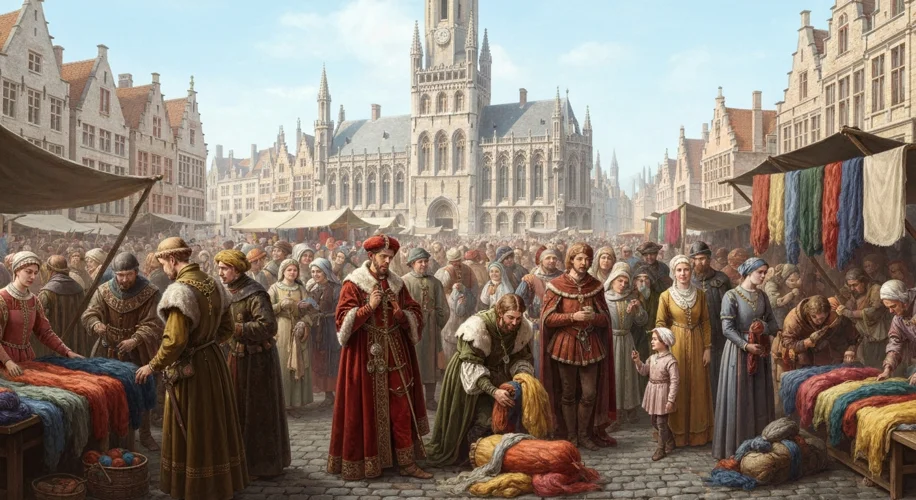 A bustling medieval marketplace scene in Ypres, Flanders. Merchants in rich clothing are examining b