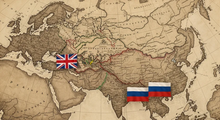 A 19th-century map of Central Asia with British and Russian flags clashing over Afghanistan and Pers
