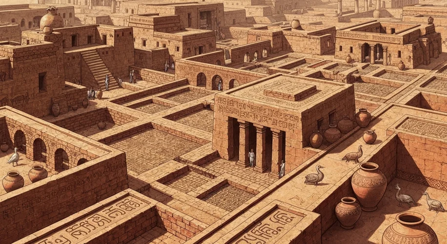 An illustration depicting a scene from the Indus Valley Civilization, showcasing advanced urban plan