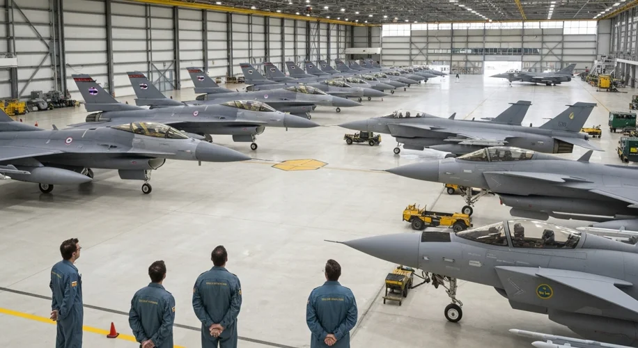 A hangar with several Royal Thai Air Force F-16 Fighting Falcons parked next to a squadron of Swedis