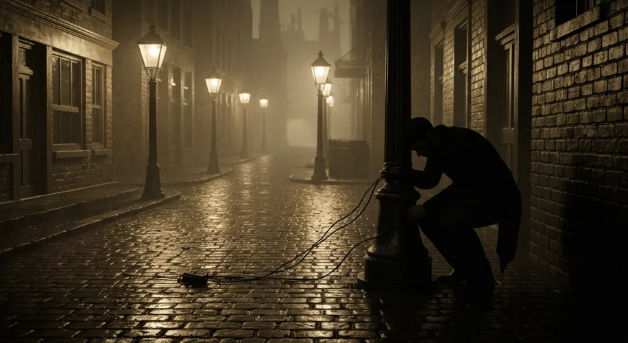 An atmospheric, slightly sepia-toned image depicting a dimly lit street in a 19th-century town, with
