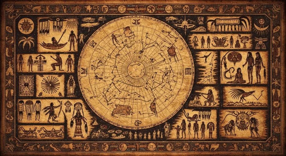 A deerskin map showing constellations and celestial bodies with Pawnee symbols and figures