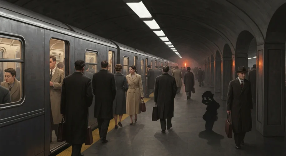 A bustling 1950s subway station with people boarding a train, contrasting with a subtle hint of dang