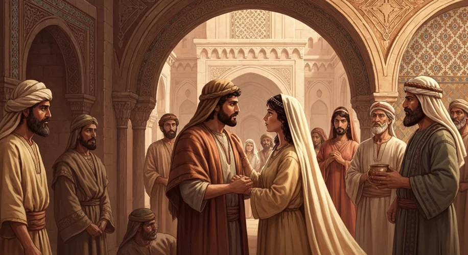 An illustration depicting an ancient Hebrew family gathering for a wedding, with a focus on the brid