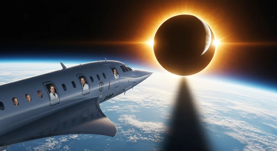 A sleek Concorde supersonic jet flying in the upper atmosphere, with the sun partially eclipsed by t