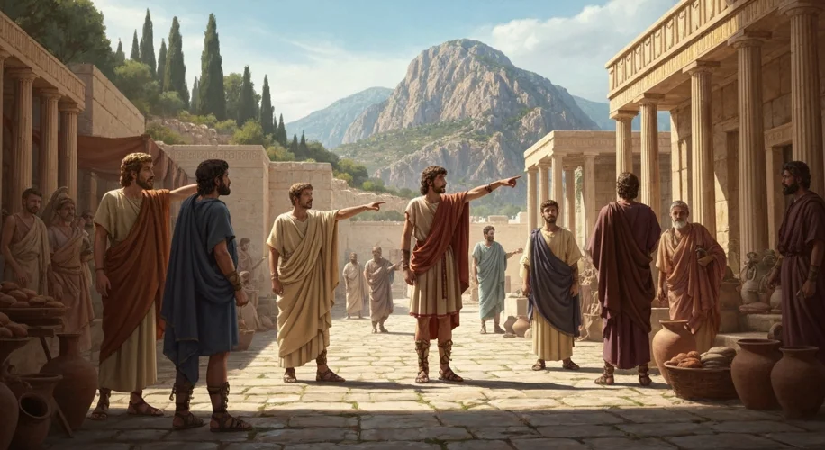 An ancient Greek marketplace scene, with various people in togas and tunics, some pointing towards a