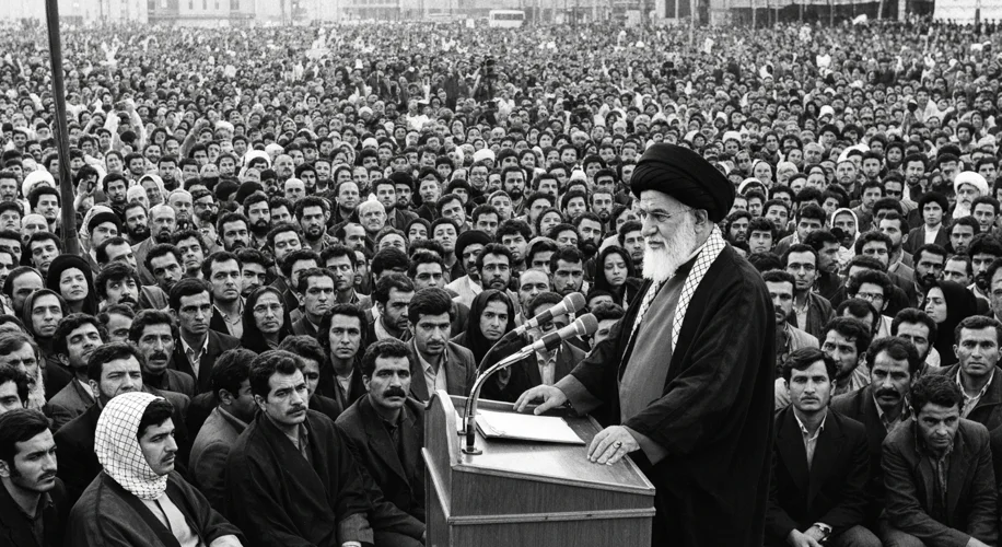 A black and white photo of a massive crowd in Tehran, Iran, in 1979, listening intently to Ayatollah