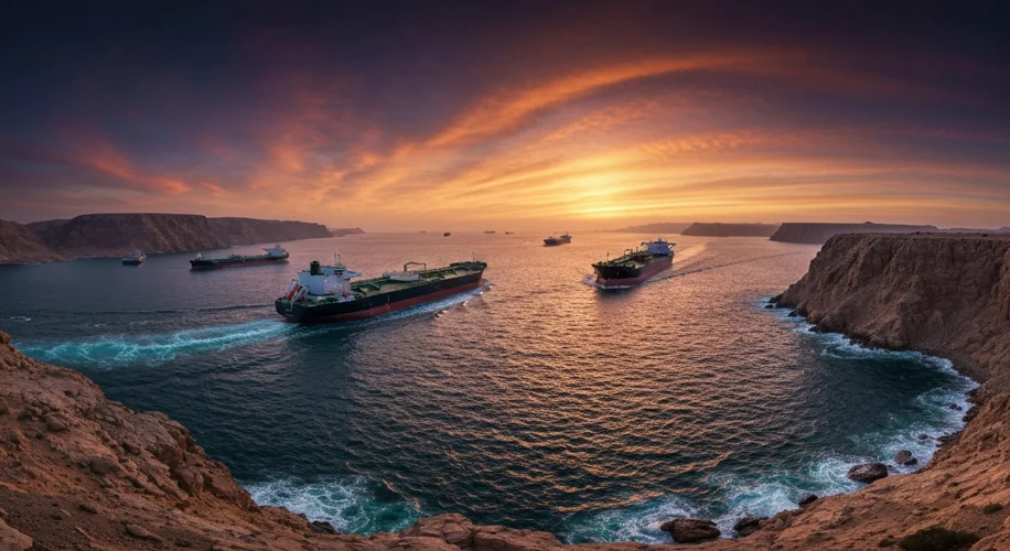 A panoramic view of the Strait of Hormuz at sunset, with a few oil tankers visible on the water and 