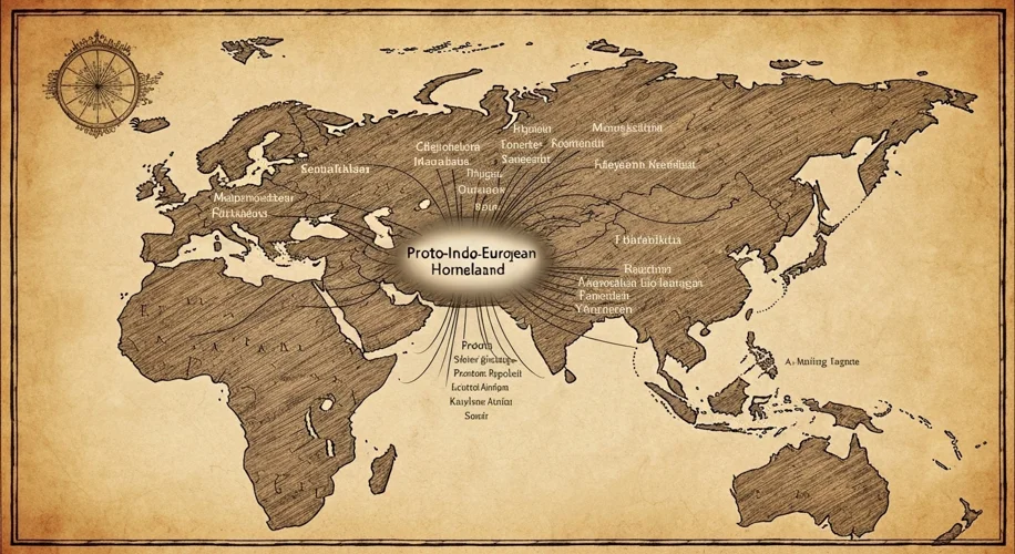 An ancient map showing the spread of languages across Eurasia, with faint lines connecting diverse l