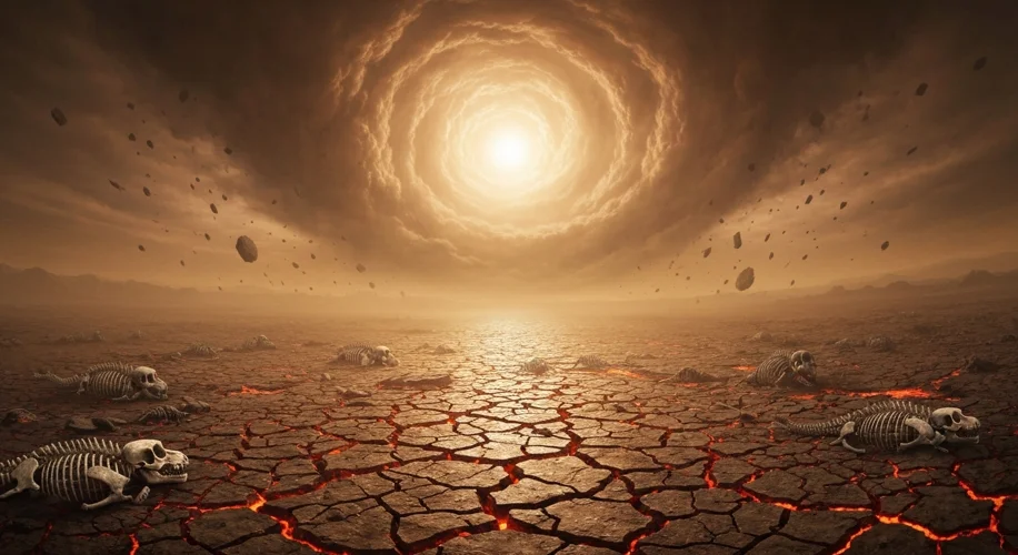 A desolate, cracked Earth landscape under a hazy, orange sky, with the skeletal remains of ancient c