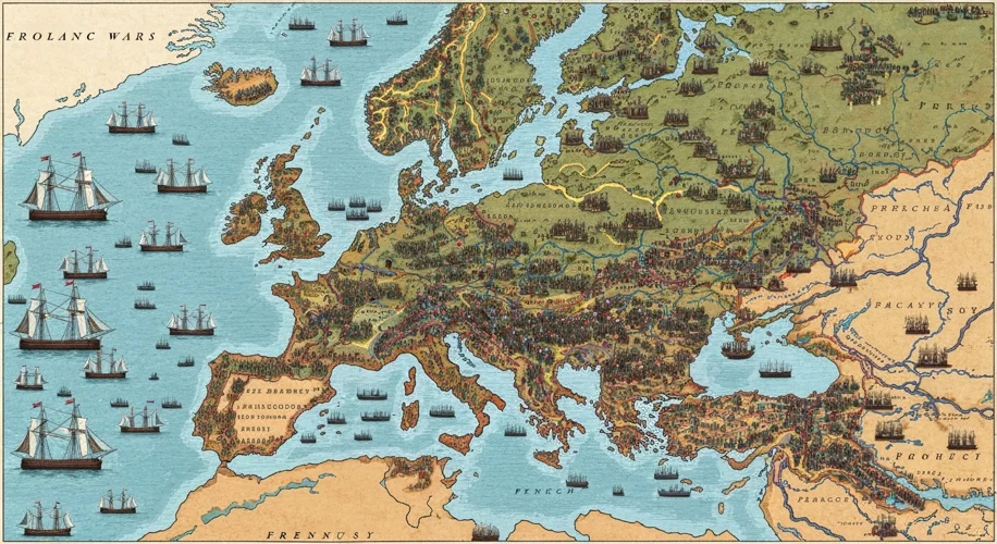 A map of Europe during the Napoleonic Wars, showing British naval blockades around the continent and