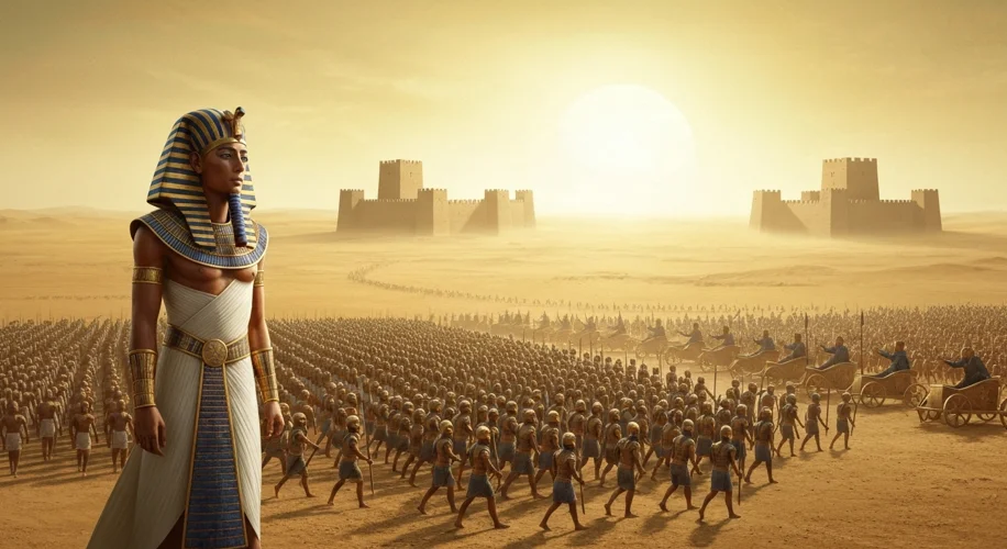 An ancient Egyptian pharaoh, adorned in royal regalia, surveys his advancing army on a dusty plain. 