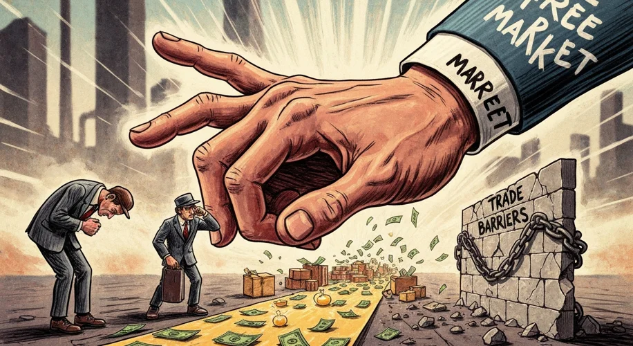 A stylized 1970s-era political cartoon depicting a large, imposing hand labeled "Free Market" pushin