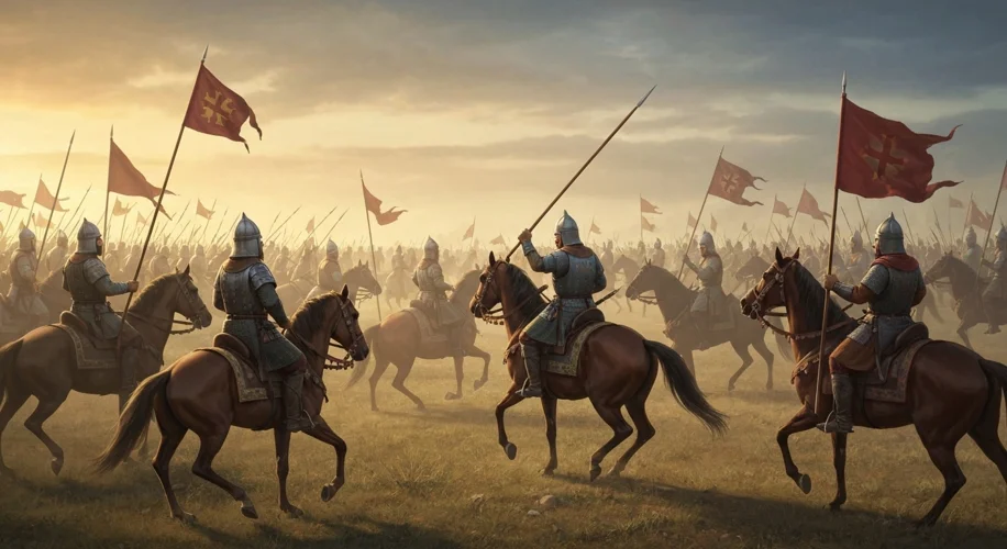 A medieval Byzantine army in retreat, disorganized and fleeing from pursuing Arab cavalry on a dusty