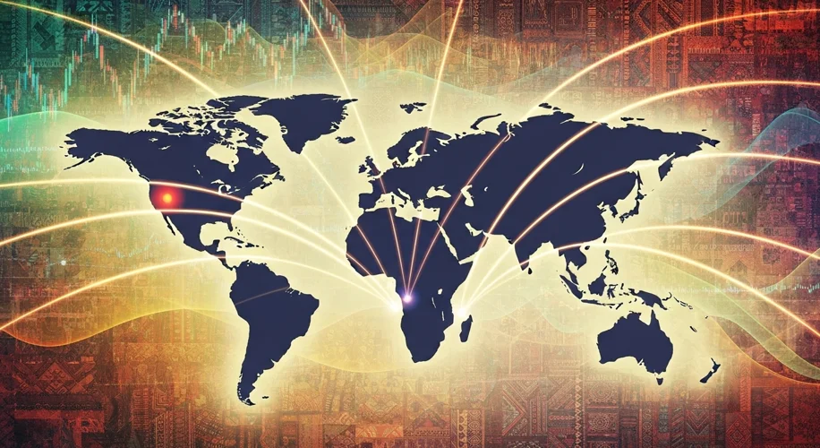 A stylized world map with the continents of South America, Africa, Europe, and Asia highlighted, wit