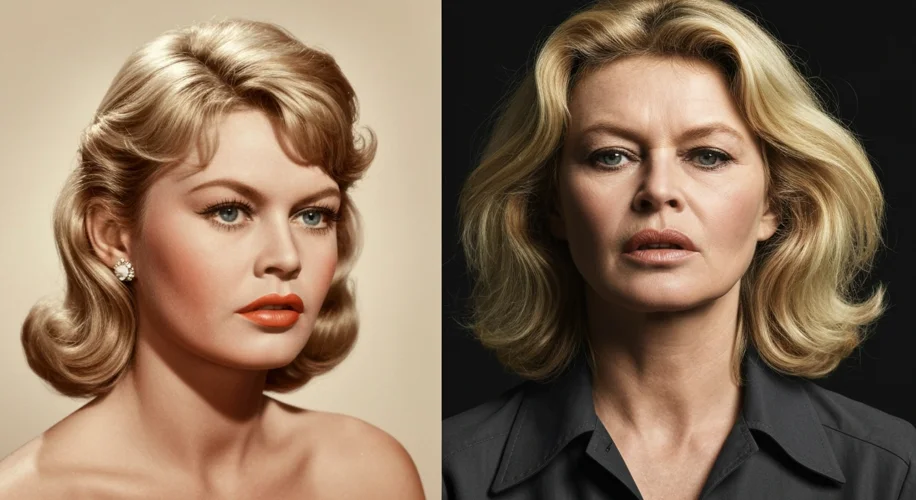 A collage showcasing Brigitte Bardot's transition: one side showing her as a glamorous 1950s film st