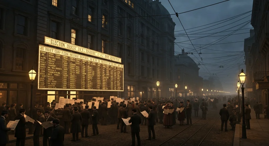 A nighttime scene outside a newspaper building in the 1880s, with a crowd gathered to read election 