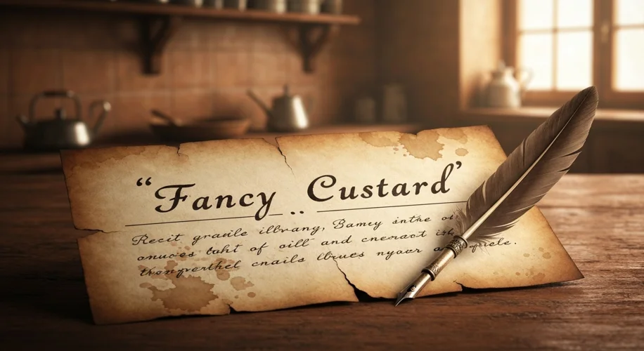 A close-up of a handwritten recipe card for 'Fancy Custard' on aged paper, with a quill pen resting 