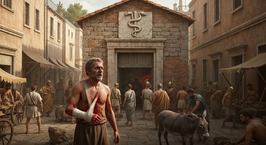 A bustling ancient Roman street scene with a man holding his injured arm, looking towards a building