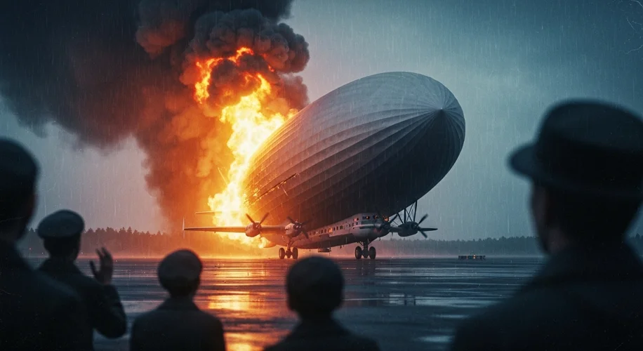 A dramatic, slightly grainy image of the Hindenburg airship engulfed in flames as it attempts to lan
