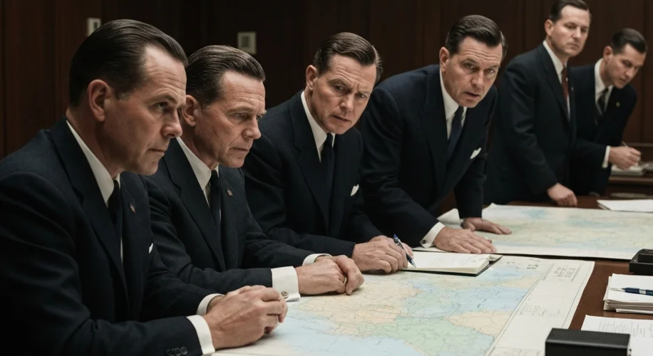 A tense scene in the White House Situation Room in 1955, with President Eisenhower and his advisors 