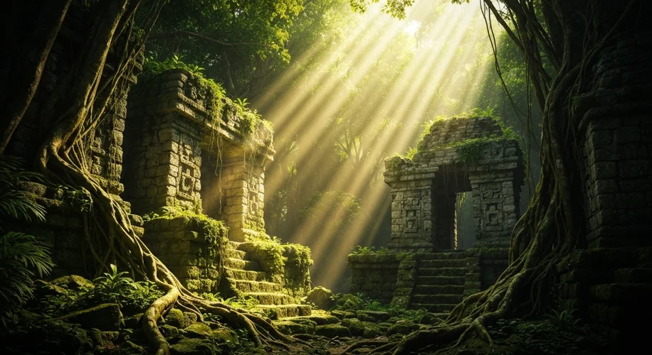 A dense, overgrown Mayan ruin with vines creeping over stone structures, shafts of sunlight piercing