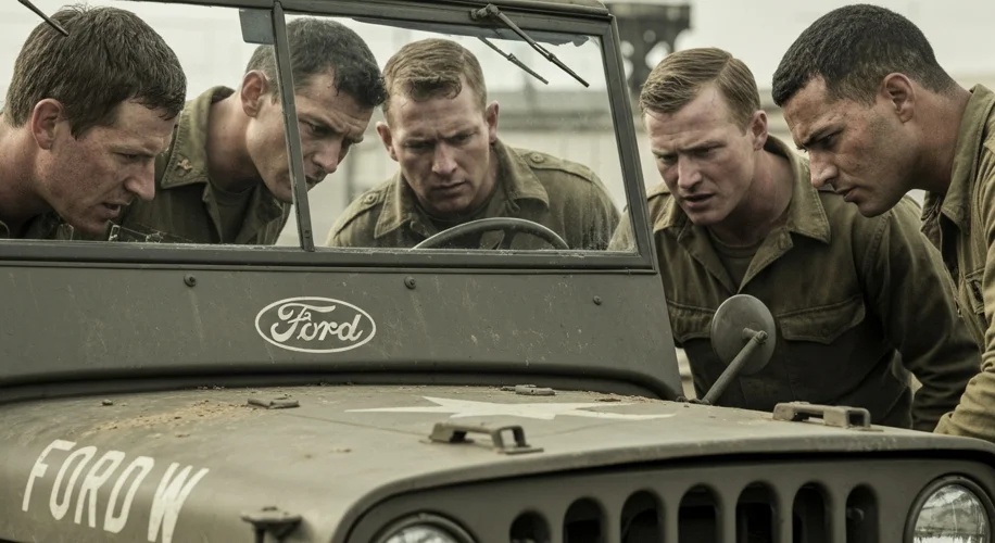 A close-up shot of American soldiers looking at a newly produced Ford GPW Jeep, with the Ford logo v