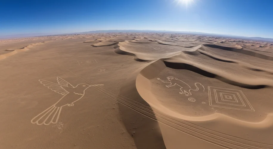 A panoramic view of the Nazca desert in Peru, showcasing several geoglyphs including a hummingbird,