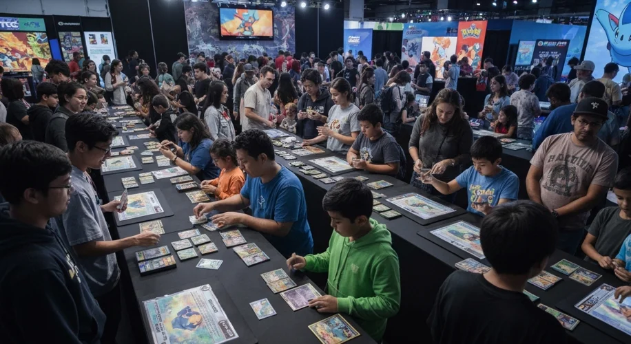 A vibrant, energetic scene at the Pokémon TCG Mega Evolution Discovery Experience in Los Angeles, fe