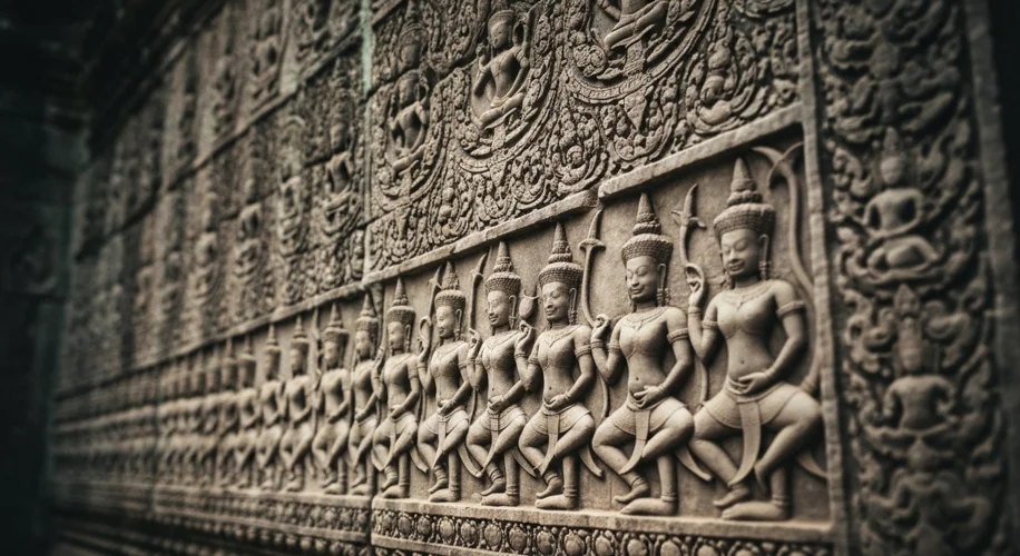 Close-up of detailed bas-relief carvings on a wall of Angkor Wat, showing Hindu deities and mythical