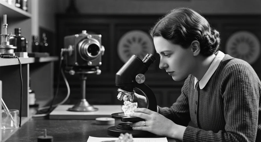 A black and white photograph of a young Dorothy Hodgkin in a laboratory setting, looking intently at